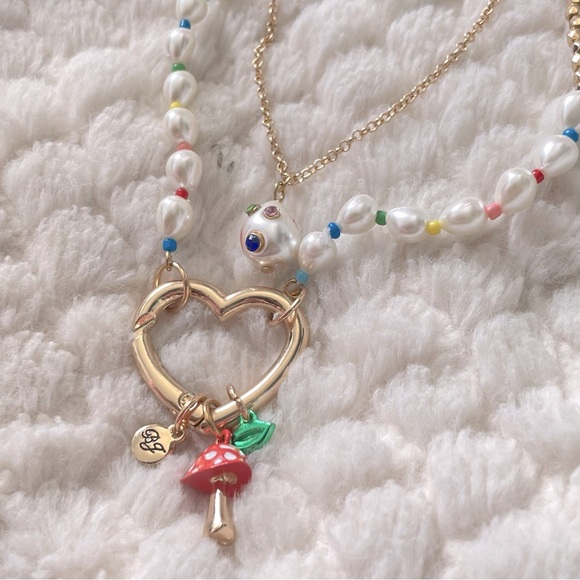 Betsey Johnson One Love Heart Charm Mushroom Smile Lips Necklace Rainbow - NWT - Picture 13 of 15